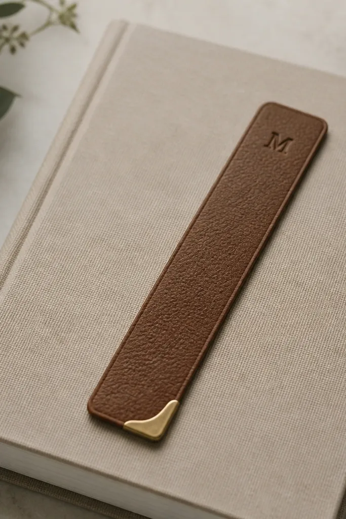 A slim leatherette bookmark with a brass corner tab. A small stamped initial sits near the top edge. The bookmark lies on a beige book cover.