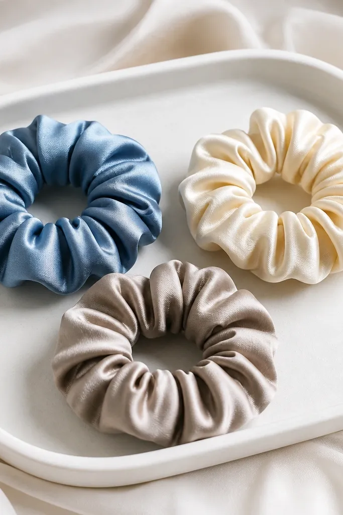 Three scrunchies on a white tray. One is dusty blue satin, one is cream, and one is a muted taupe. Each scrunchie is thick and evenly gathered.