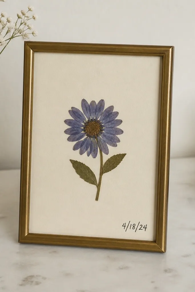 A small 5x7 frame with a matte cream backing. A single pressed flower sits centered with a black handwritten date on a corner. The glass is clear and the flower is flat and crisp.