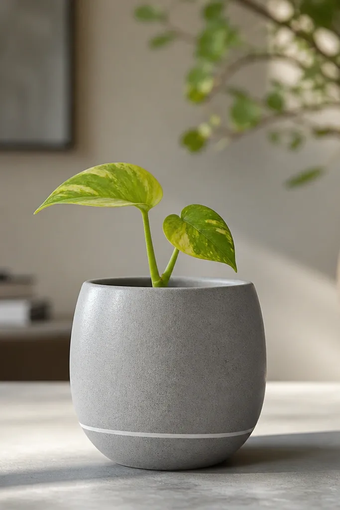 A small planter with a concrete-gray finish and a single painted drainage line near the base. A tiny pothos cutting sits inside. The planter has a modern rounded shape.