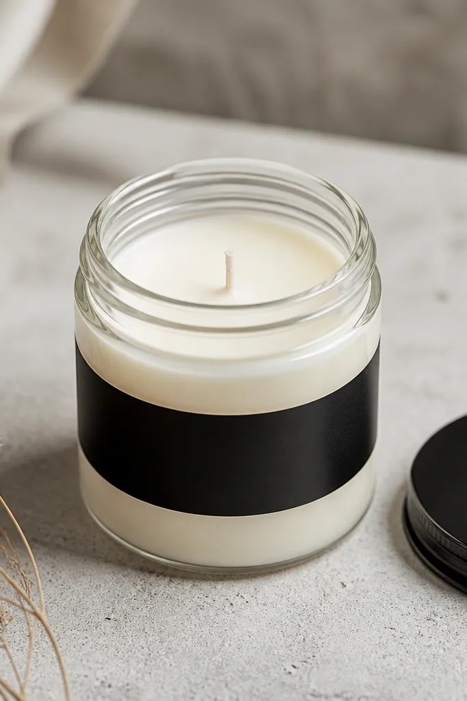 A single candle in a clear glass jar with a black label vinyl strip. The wax is off-white and smooth, with a clean wick centered. The jar lid is set aside on the table.