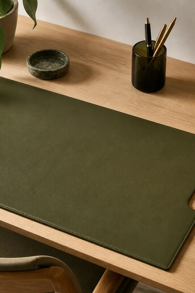 A leatherette desk mat in deep olive. One corner has a neat cut-out handle shape for lifting. The edges are straight and stitched with matching thread.