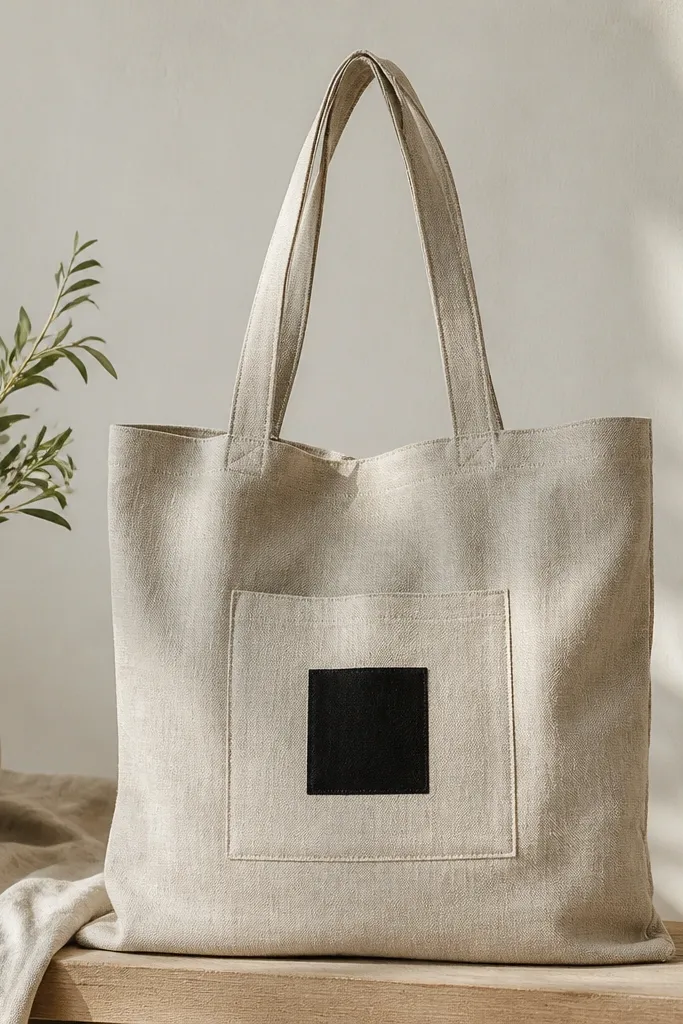 A natural linen tote bag with a black monogram patch centered on the front pocket area. The patch edges are crisp and flat, and the tote has sturdy straps.