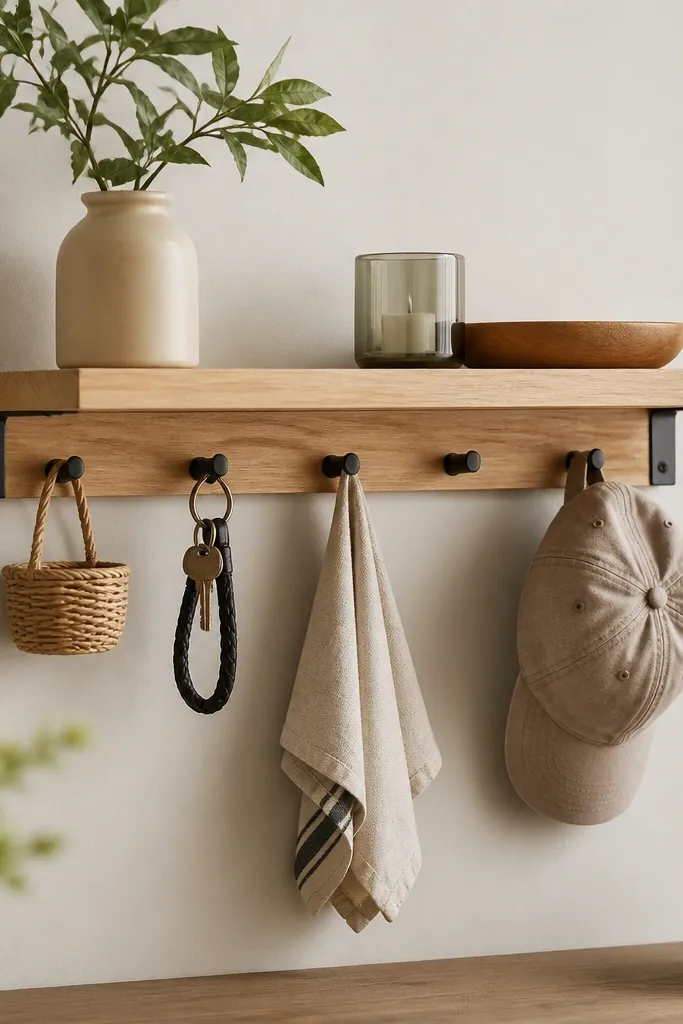 A small wall shelf made from a light wood board. Under it, a row of pegs holds tiny items. The hardware is black and the shelf looks clean and modern.