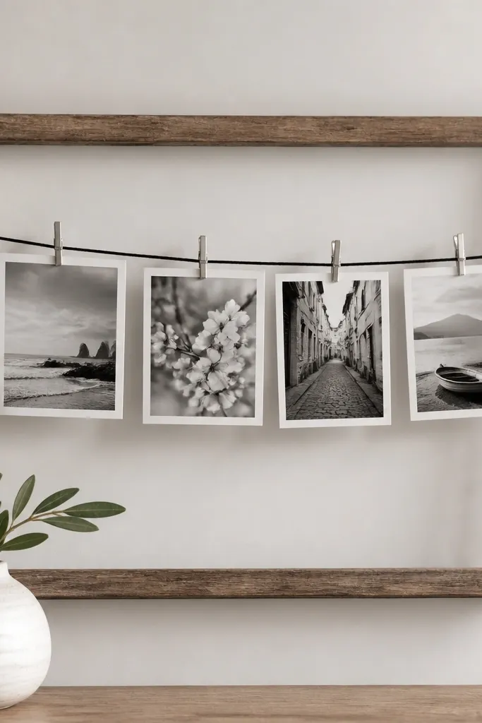 A black cord stretched across a small frame with mini clothespins holding four black-and-white photos. Each photo has a white border and the clothespins are metallic silver.