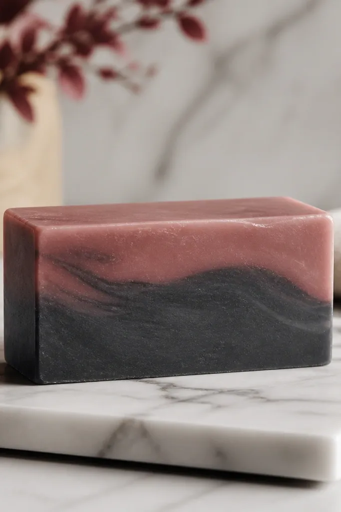 A bar soap shaped like a smooth rectangle with a two-tone swirl. The top layer is dusty rose clay and the bottom is charcoal gray. It sits on a marble tile.