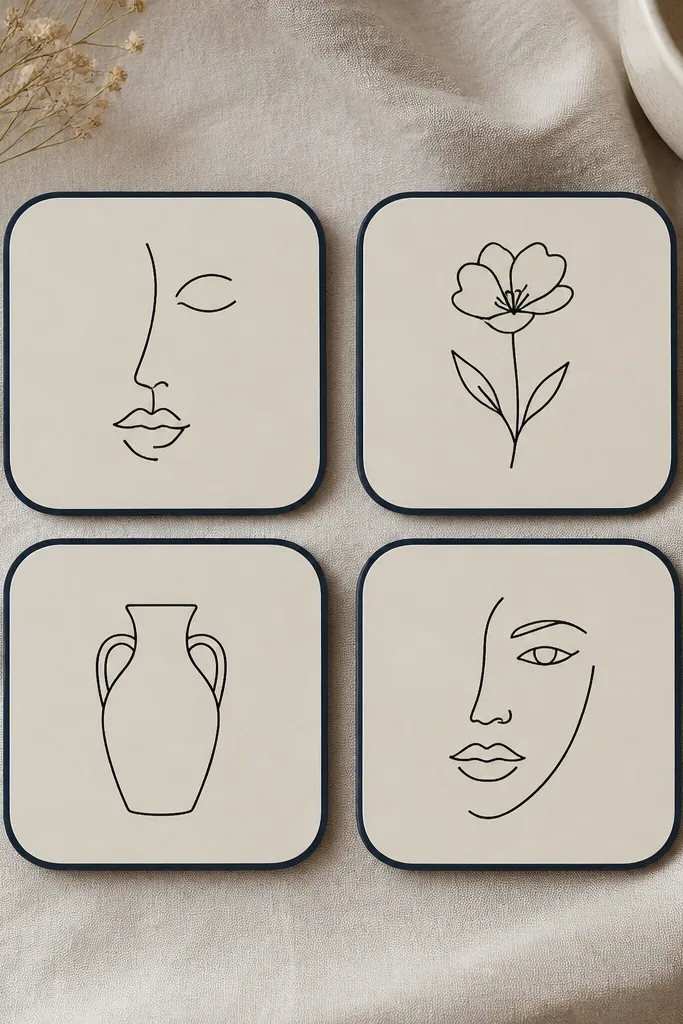 A set of four coasters with minimal line art. Each coaster has a single black outline drawing of a face or object, with a cream background and a thin navy border.