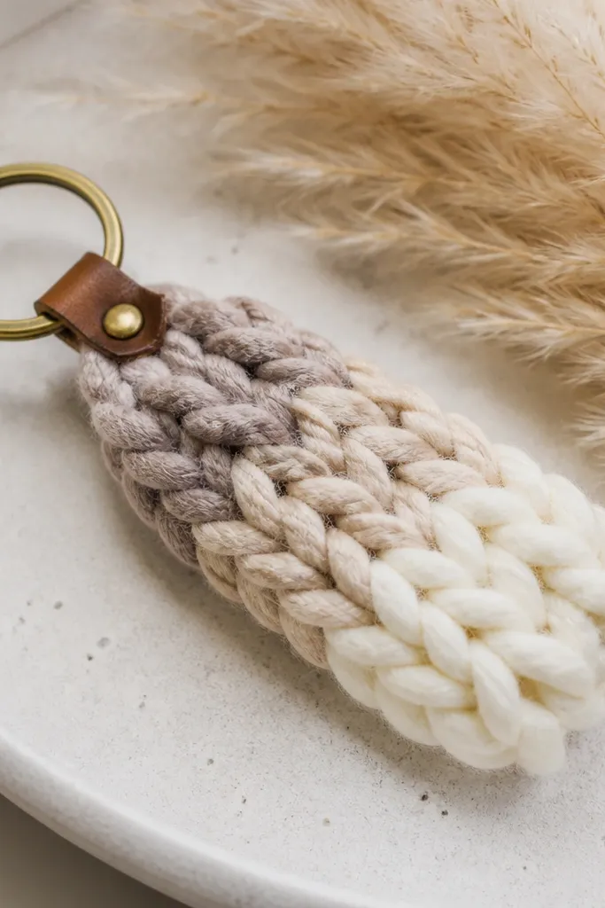 A chunky knit keychain with thick yarn. It has neutral stripes in cream, oatmeal, and a muted taupe, and a small metal ring with a short leather tag.