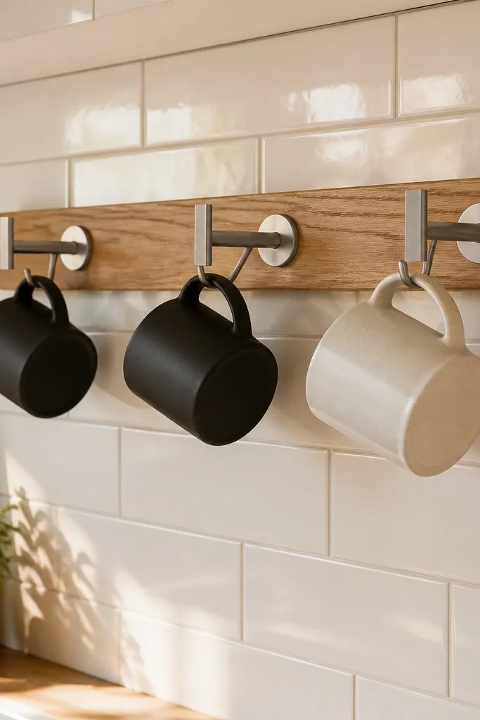 A row of small mug hooks mounted under a shelf. Hooks are brushed steel and the shelf board is light oak. Two mugs hang evenly spaced.
