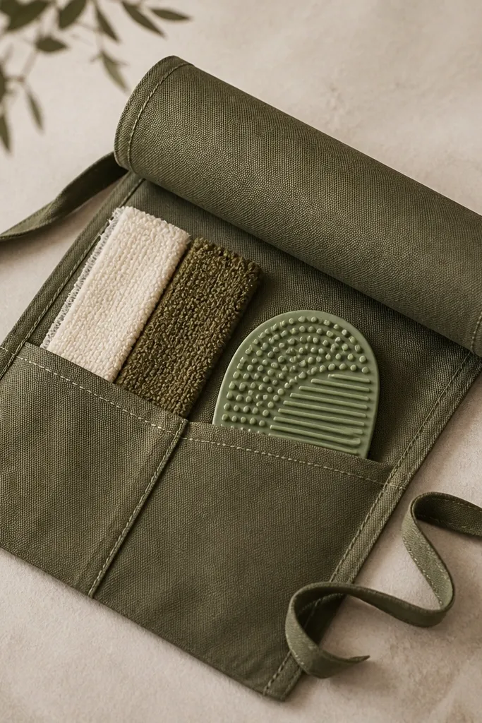 A small olive canvas wrap with a stitched pocket panel. Inside are two textured fabric strips and a silicone brush-cleaning mat. It's rolled and tied with a matching strap.