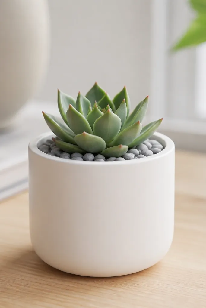 A small desk planter in a matte white pot. Inside is a felt liner with a pebble top in gray, and a tiny succulent sits centered. The overall look is clean and symmetrical.