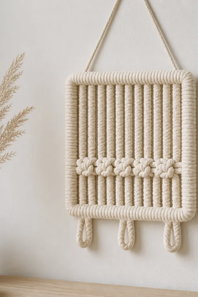 A small macrame wall panel in thick natural rope. It has a clean rectangular frame and a single row of knots with three hooks at the bottom. The color is one tone only.