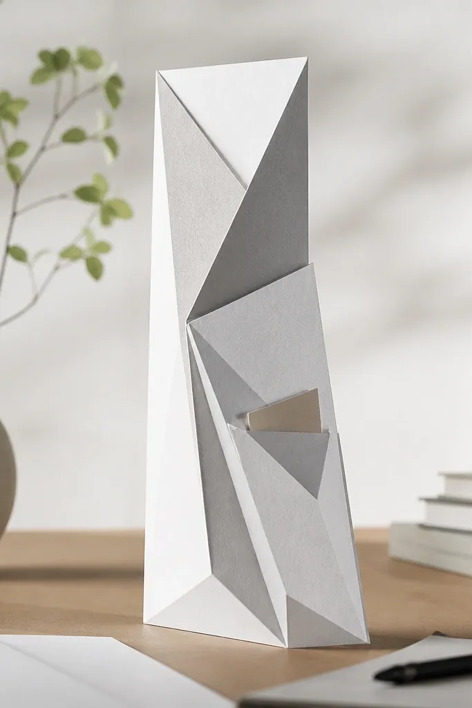A folded paper sculpture in white and light gray. It stands upright on a desk like a geometric tower. In the side is a small hidden pocket flap with a tiny card visible.