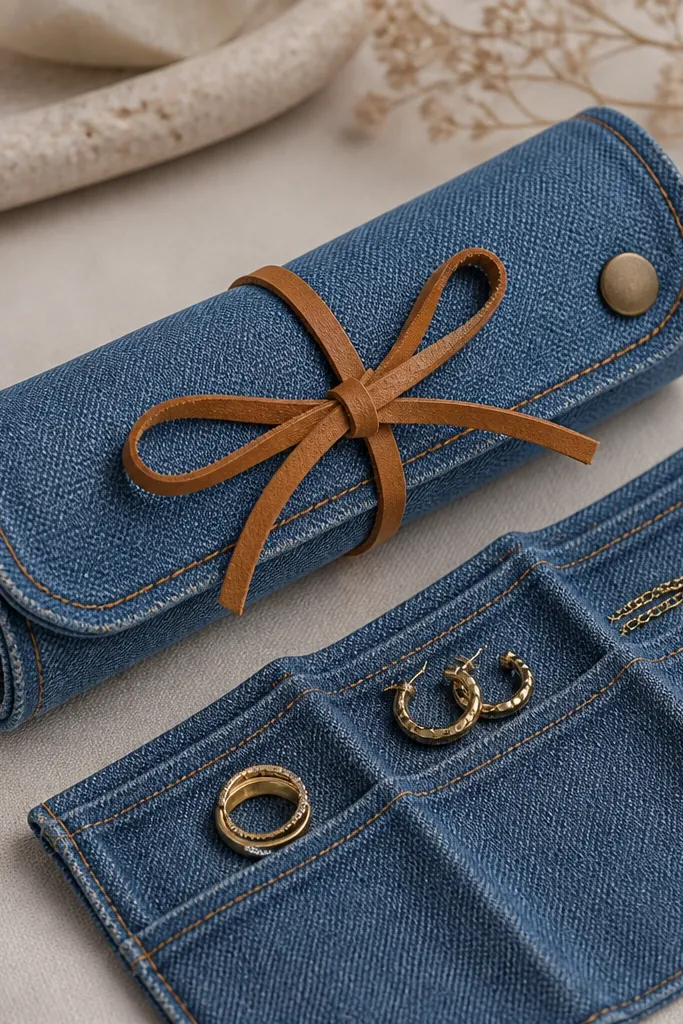 A rolled-up jewelry organizer made from medium-wash denim with visible topstitching. It has three stitched compartments that hold rings, small hoops, and a slim chain. A strip of tan leather wraps around the outside and ties in a neat bow. A small brass snap sits near the end flap; the denim edges are neatly turned and stitched.