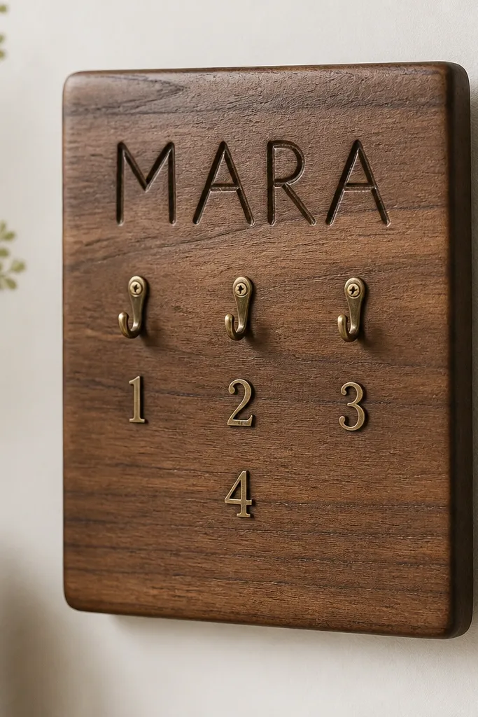 A rectangular walnut-toned wood key holder mounted on a light wall. The word "MARA" is hand-scribed into the wood with visible carved grooves, then filled with dark wax. Four small brass numbers sit below in a neat vertical line, with three tiny brass hooks above them. The finish is a satin wipe-on oil, and the edges are lightly rounded.