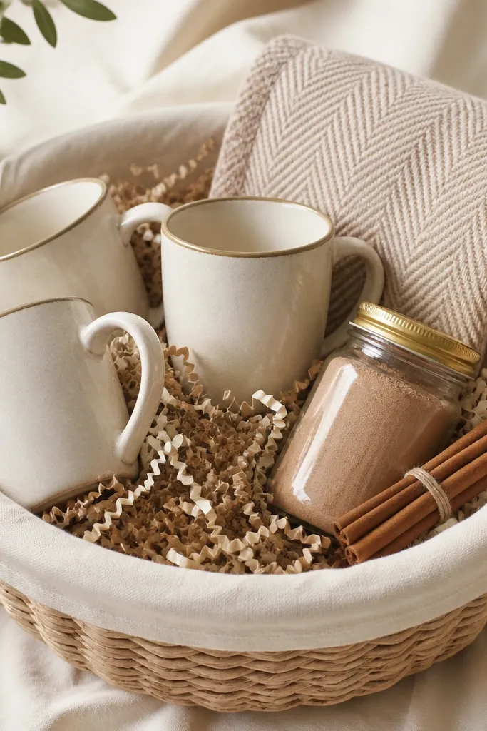 A cream wicker basket lined with off-white fabric. Inside are three latte mugs with gold rims, a small jar of instant latte mix, cinnamon sticks tied with twine, and a folded oatmeal-colored throw peeking above crinkle-cut paper in caramel and cream tones.