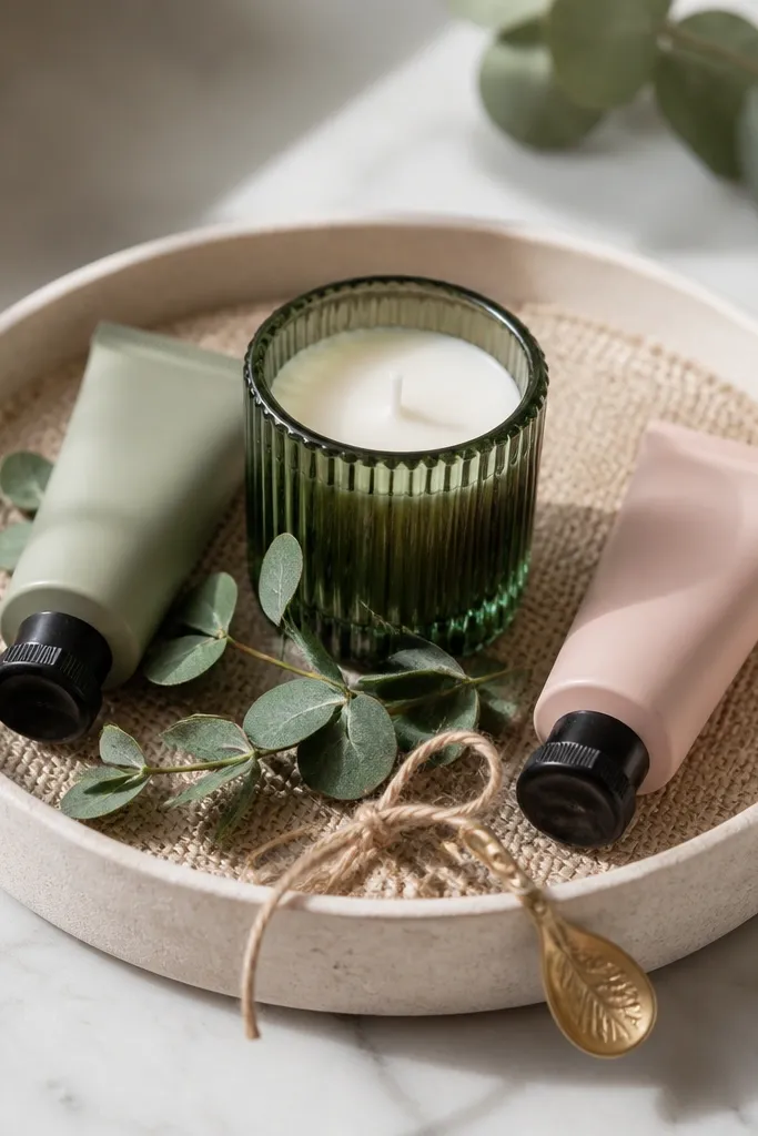 A shallow round tray with a natural jute liner. A green glass candle sits in the middle, flanked by two small hand cream tubes in sage and blush packaging. A sprig of faux eucalyptus is tucked around the base, and a gold spoon-shaped charm hangs from twine.