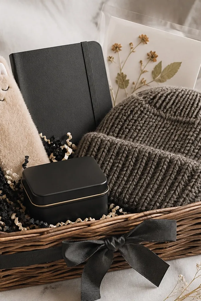 A rectangular wicker basket with dark charcoal ribbon. Inside are a plush bookmark, a small notebook, a black tea tin, and a chunky knit beanie folded on top. Crinkle paper is black and cream, and a page of pressed flowers is tucked into a clear sleeve.