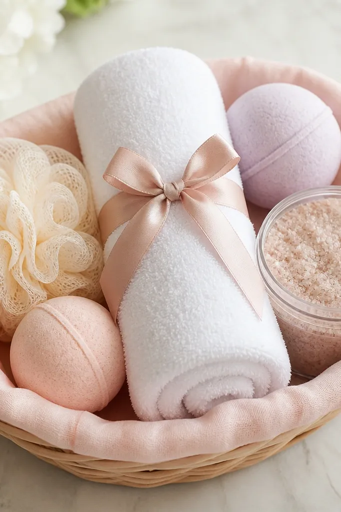 A small oval basket lined with pale pink fabric. A rolled white hand towel is wrapped with a satin ribbon and sits in the center. Around it are two bath bombs in pastel colors, a loofah, and a jar of body scrub with a clear lid.