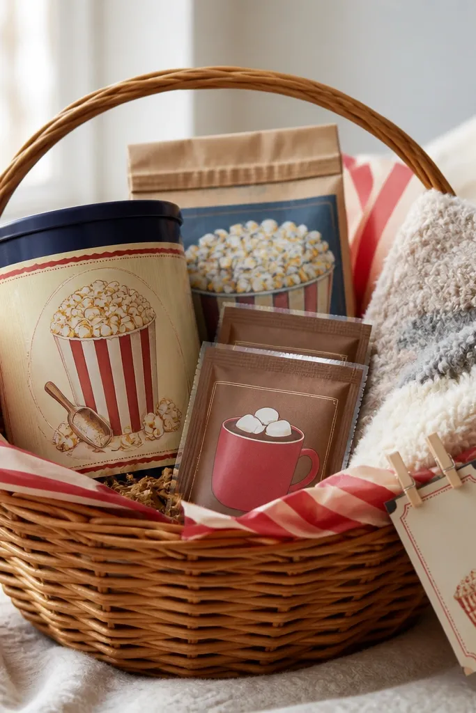A medium basket with red and cream striped tissue paper. Inside are a popcorn seasoning tin, a bag of microwave popcorn, two cocoa packets, and a pair of fuzzy socks. A mini movie ticket booklet is clipped to the basket handle with clothespins.