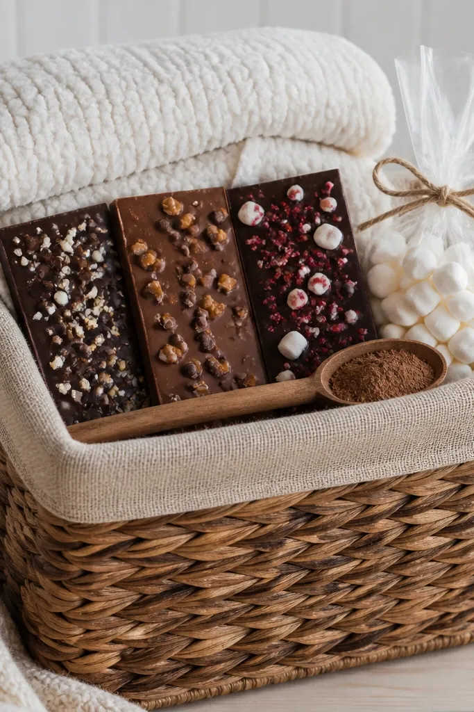 A tall rectangular basket with beige burlap lining. A small fleece blanket is folded and draped over the top. Inside are three chocolate bars in a row, a cocoa spoon, and a clear cellophane pouch of mini marshmallows tied with twine.