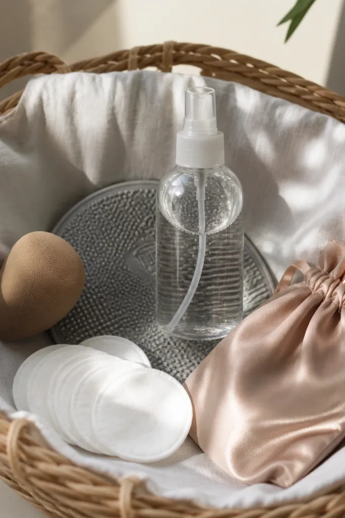 A basket with white fabric lining and a small gray silicone brush-cleaning mat. A clear spray bottle of gentle cleanser sits in the center. Around it are a makeup sponge, cotton pads, and a small satin pouch with a makeup brush handle sticking out.