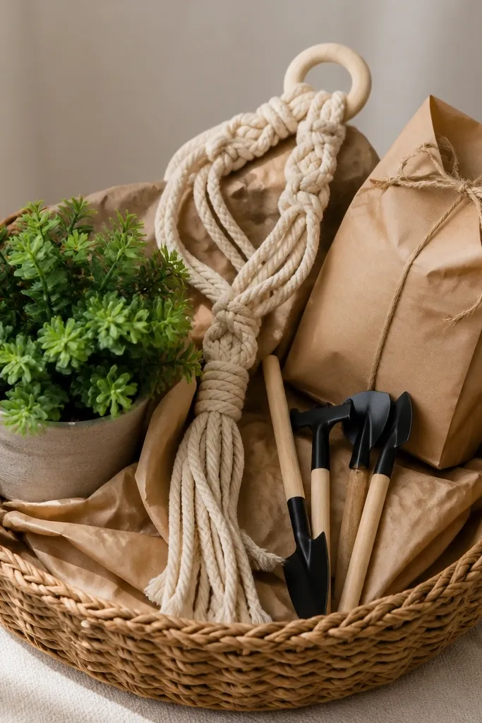 A basket with kraft paper lining and a small faux plant. On top sits a hanging macrame plant holder, and a set of mini watering tools sits beside it. A bag of potting soil is wrapped in brown paper and tied with jute.
