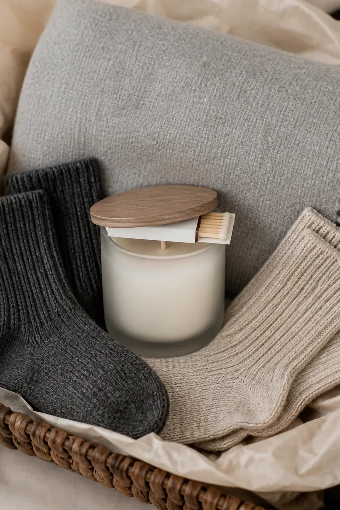 A basket with cream tissue paper and a soft gray throw blanket folded across the top. Two pairs of socks in charcoal and oatmeal sit like a fan. A small jar candle in frosted glass sits in the center with a matchbook tucked under its lid.
