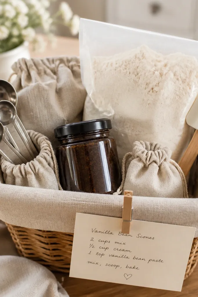 A basket with light tan linen lining and small linen drawstring pouches. Inside are measuring spoons, a jar of vanilla bean paste, a bag of flour mix, and a silicone spatula. A small handwritten recipe card is clipped with a clothespin.