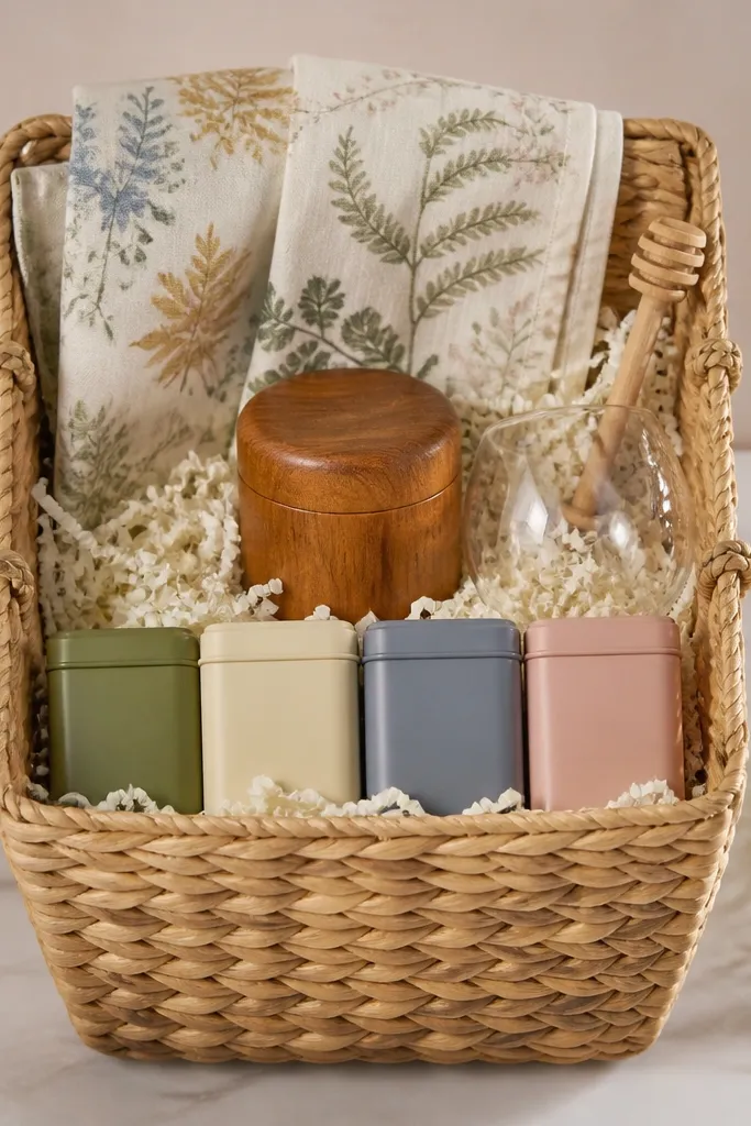 A tall basket with cream paper shreds and a small wooden tea caddy in the center. Four mini tea tins in different colors sit in a row, with a honey dipper and a small glass cup on the side. A patterned tea towel drapes over the back.