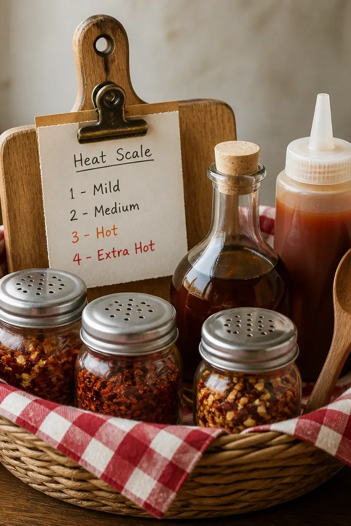 A basket lined with red-and-white check fabric. Inside are three small glass jars with dried pepper flakes, a jar of vinegar, a wooden spoon, and a squeeze bottle. A mini cutting board sits upright in the back, and a handwritten heat scale card is clipped on top.