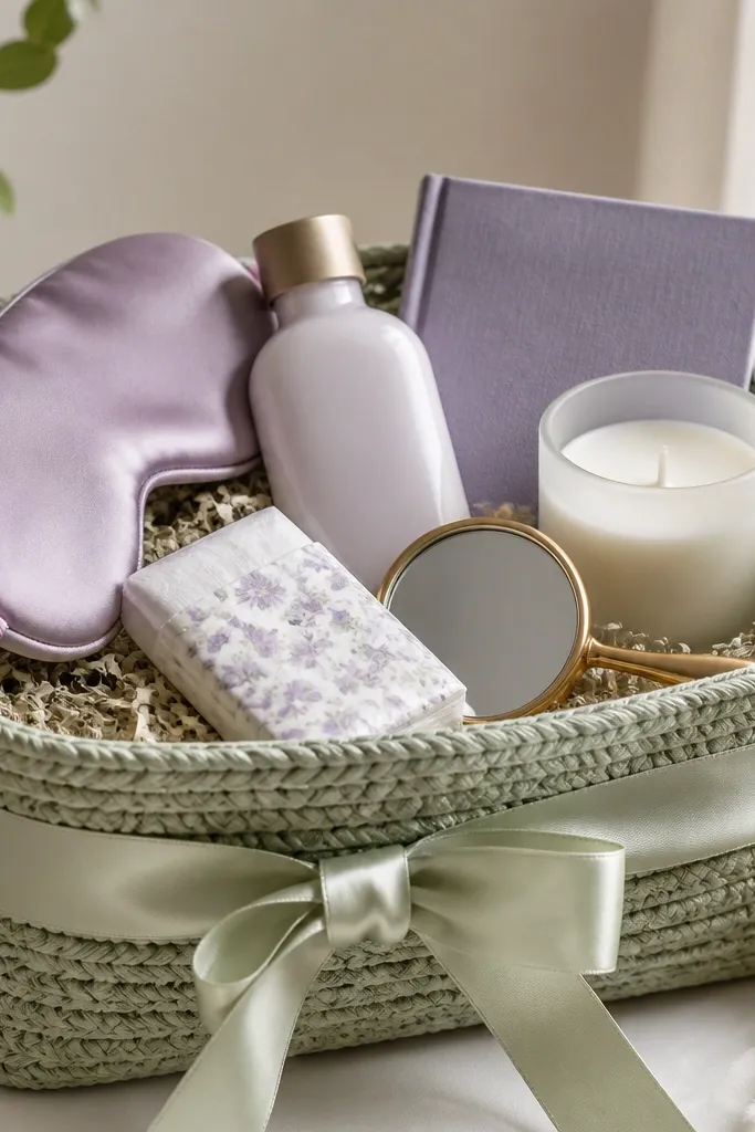 A basket in a muted sage color with a satin ribbon. Inside are a lavender eye mask, a small bottle of lotion, a book of short poems, and a candle in a frosted jar. A small pack of tissues and a mini hand mirror sit near the front.