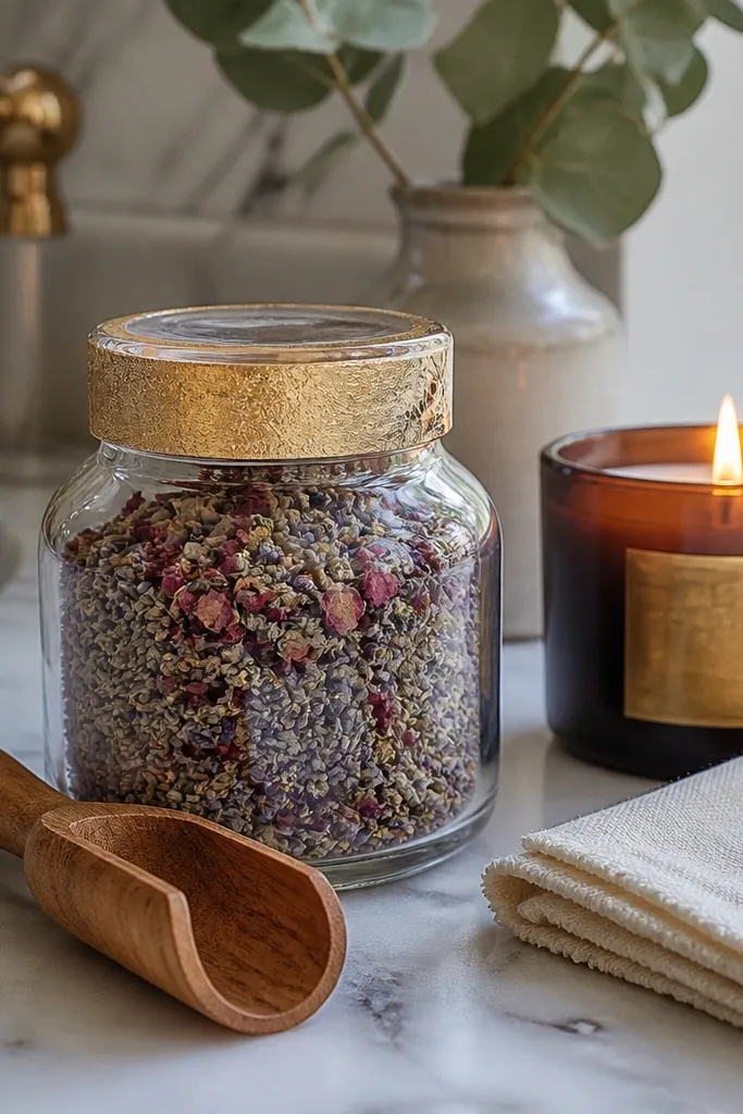 A basket with white and gold accents. A clear jar of bath tea soak sits in the center, surrounded by two small candles in tins. A wooden scoop rests on a folded beige cloth, and a small rose-scent sachet is tucked into the side gap.