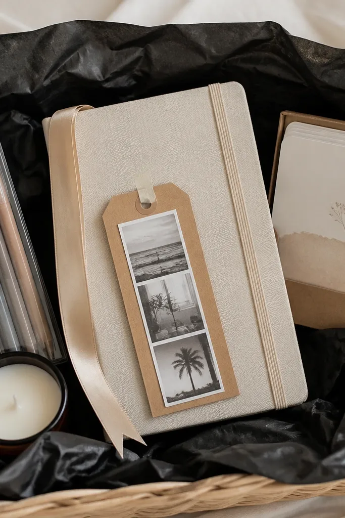 A basket lined with black tissue. A cream journal with a fabric cover sits in the center. Around it are a pack of gel pens, a small candle, a deck of affirmation cards in a kraft box, and a satin ribbon bookmark. A small photo strip is taped to a kraft tag on top.