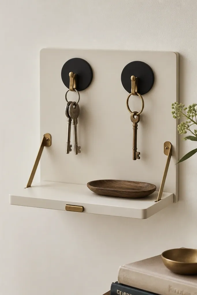 A small entryway wall organizer: two matte black magnets holding brass key hooks, with a narrow fold-down shelf beneath. The shelf is painted a soft cream, and a tiny brass label sits on the front edge.
