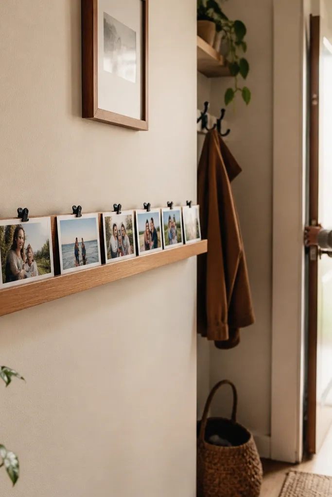 A narrow photo rail made from a slim oak strip with tiny clips, mounted on a wall above a small shelf. Four black-and-white photos sit in clear pockets, with a small brass ruler-like strip along the bottom.