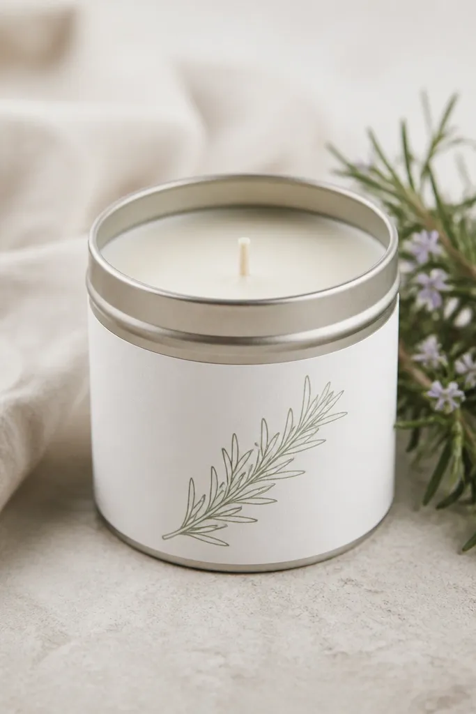 A small metal tin candle with a white label and a simple line drawing of rosemary. The tin is about 3 inches tall, and the wax top looks smooth with a cotton wick centered.