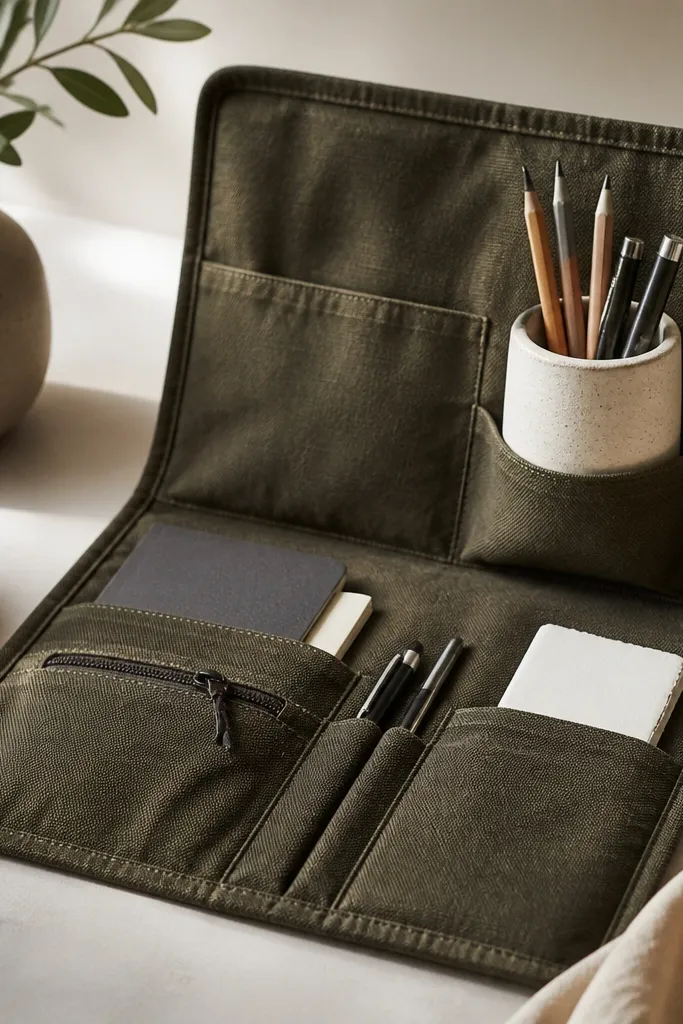A folded fabric organizer made from dark olive canvas, with a pocket seam that holds a small ceramic pencil cup. It opens flat like a writing pad, with stitched dividers and a small zip pocket at the front.