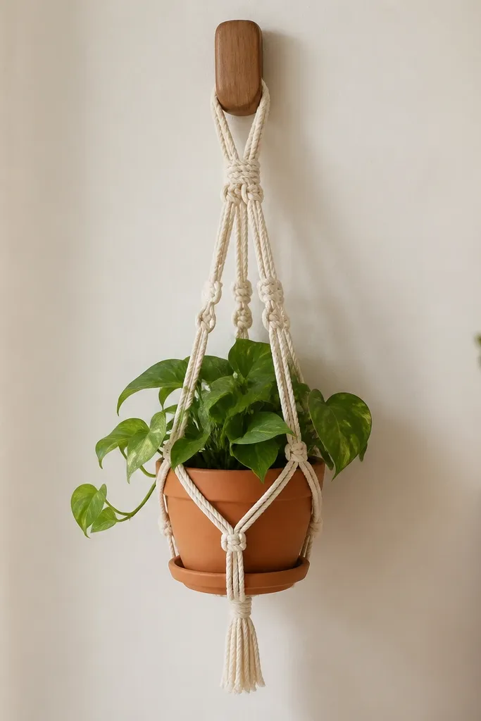 A small macrame hanging planter: a light beige rope knot pattern suspends a terracotta pot. A one-piece wooden clip at the top holds the rope ends neatly, and the pot sits centered with a saucer underneath.