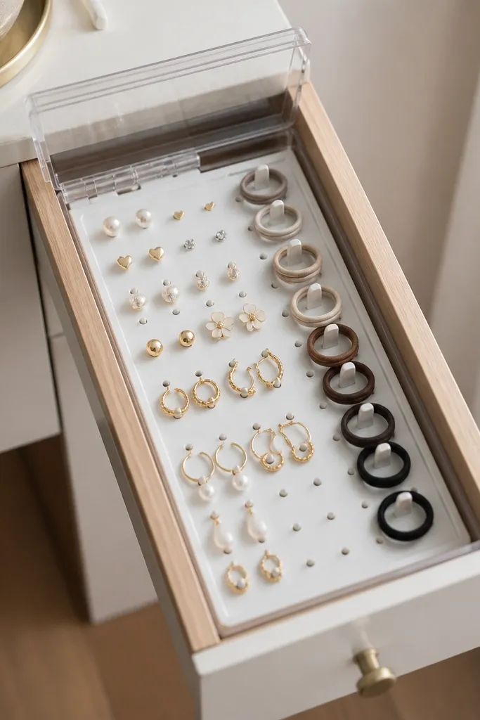 A small drawer insert made from white pegboard with small pegs holding earrings and hooks holding hair ties. The insert fits a narrow drawer and has a clear lid folded on top.