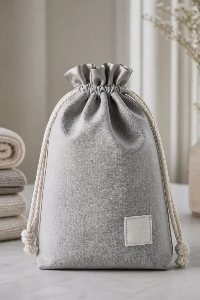 A small laundry bag made from light gray cotton with a satin-trim drawstring casing. The bag has a flat bottom, a sturdy rope drawstring, and a small stitched label near the corner.