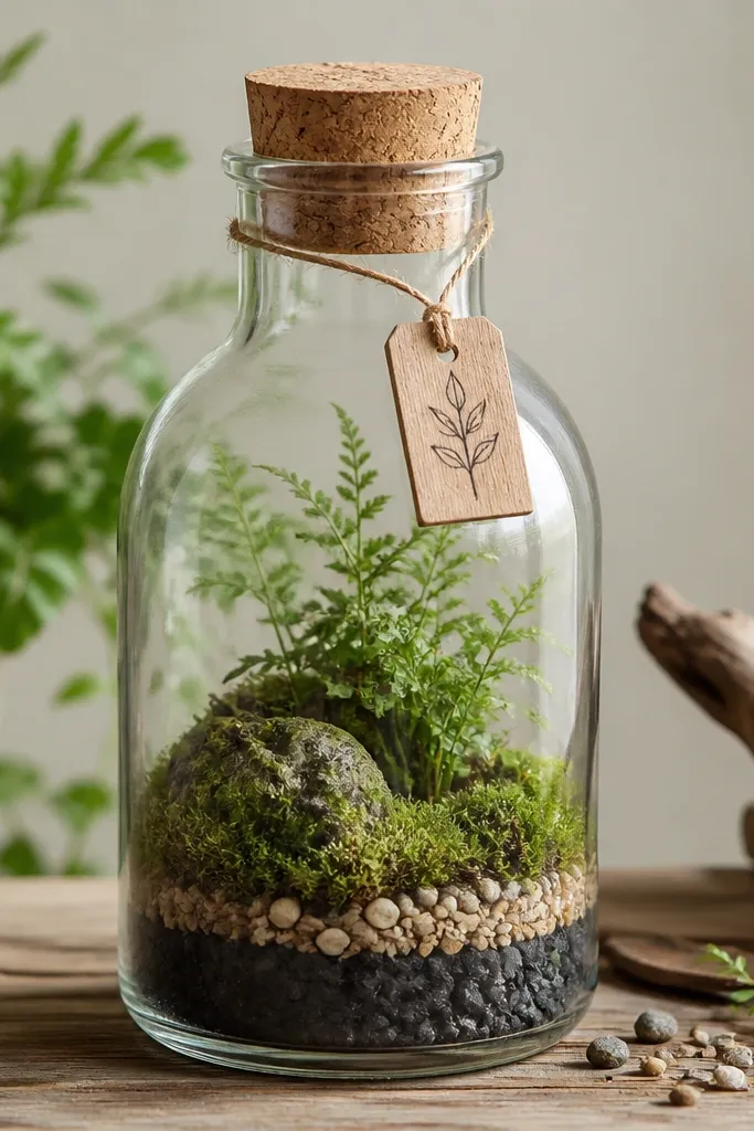 A small terrarium inside a reused clear glass bottle, layered with charcoal, moss, and tiny stones. A cork lid sits on top, and a tiny wooden sign with a hand-drawn leaf hangs on a string.