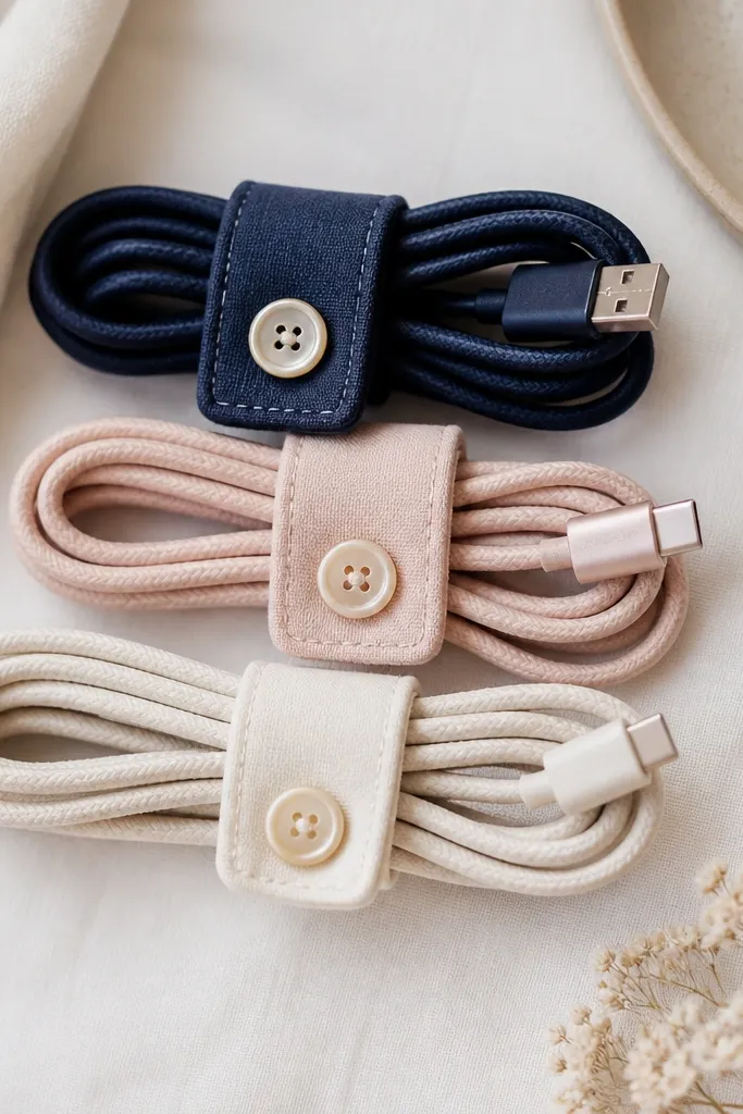 A set of fabric cable wraps in coordinated colors: navy, blush, and cream. Each wrap is a strip of fabric with a button closure, showing tidy bundled cords.