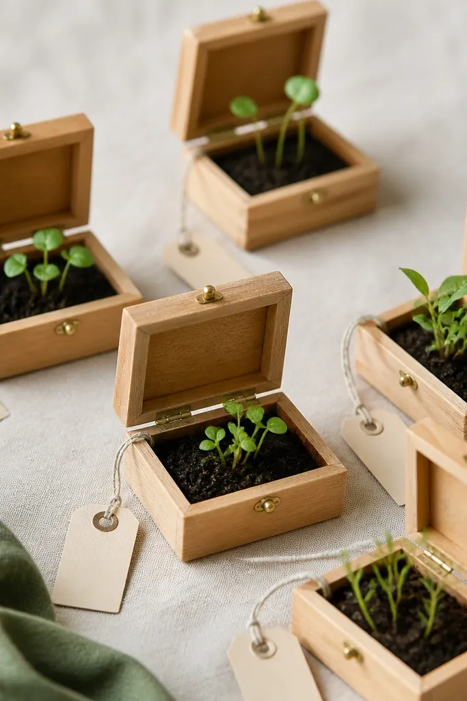 A set of small wooden matchbox-style planters with hinged lids. Inside, there's soil and tiny seedlings, and each box has a label tag on a string.