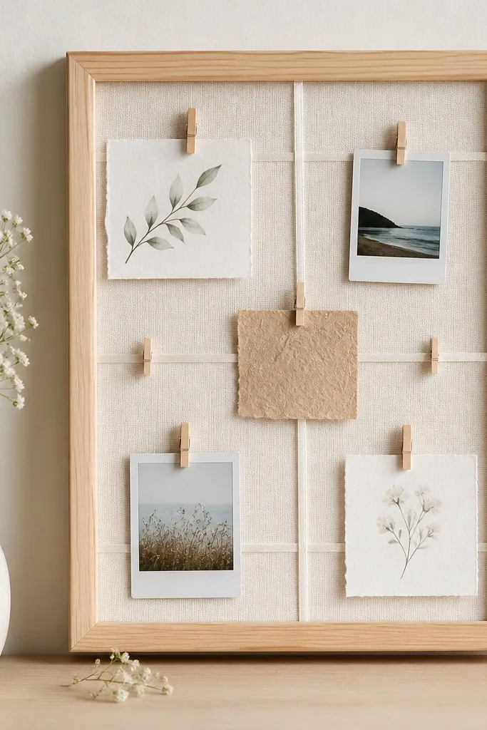 A small framed board covered in cream fabric with a grid of thin ribbon lines. Tiny clothespins clip notes and two mini polaroids, and the frame looks like light pine.