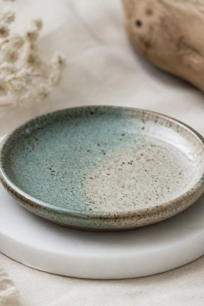 A small round ceramic dish with a speckled glaze in muted teal and cream. It has a shallow lip and sits on a white marble coaster.