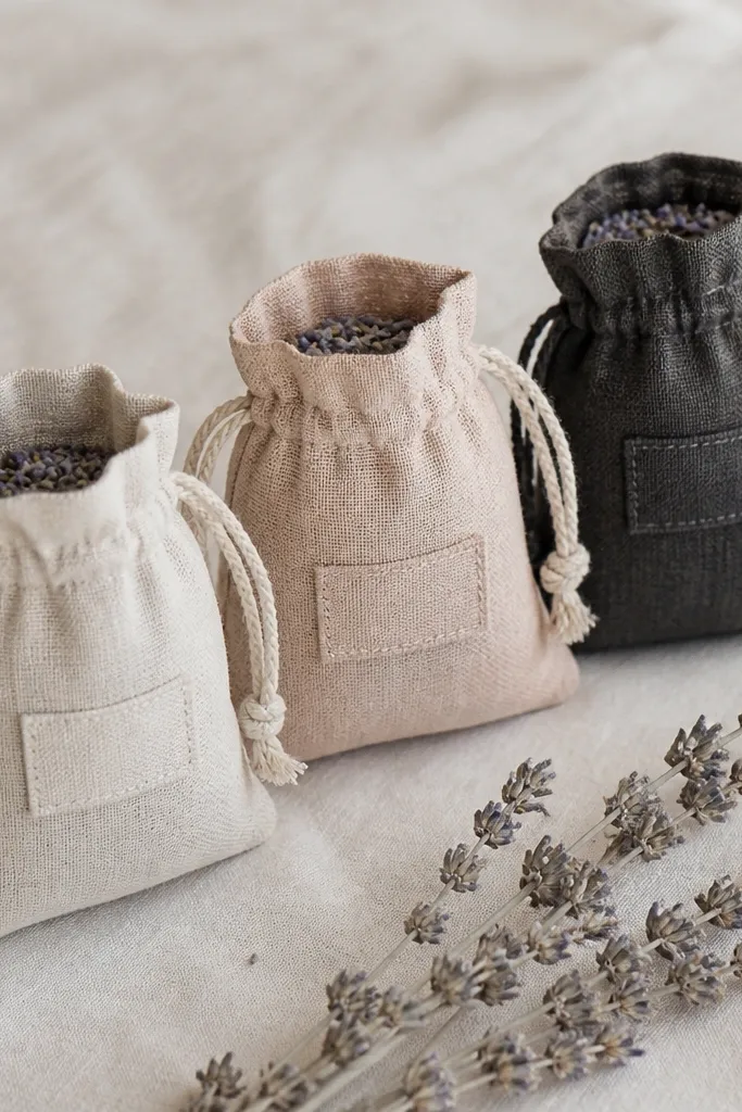 Three small linen pouches in off-white, blush, and charcoal, each with a drawstring and a stitched label. Inside, you can see dried lavender buds near the top seam.