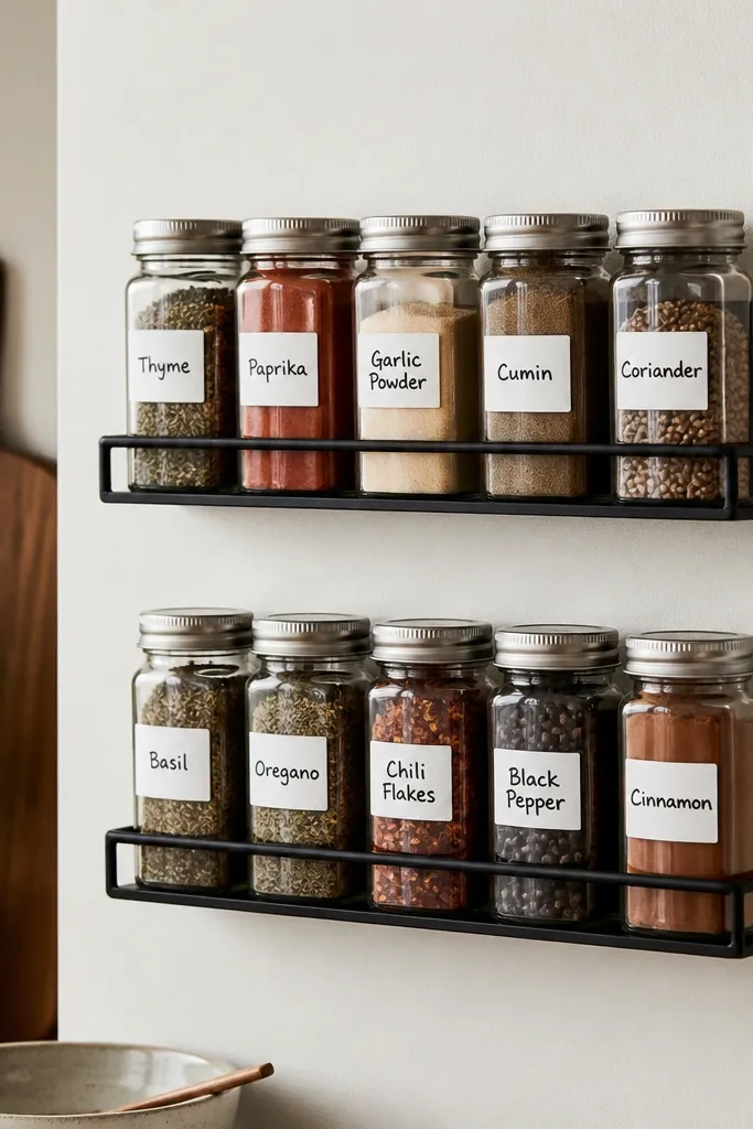 A narrow organizer for spice jars: two small shelves mounted with adhesive rails, holding five small glass jars. The jars have matching white labels with black marker handwriting.
