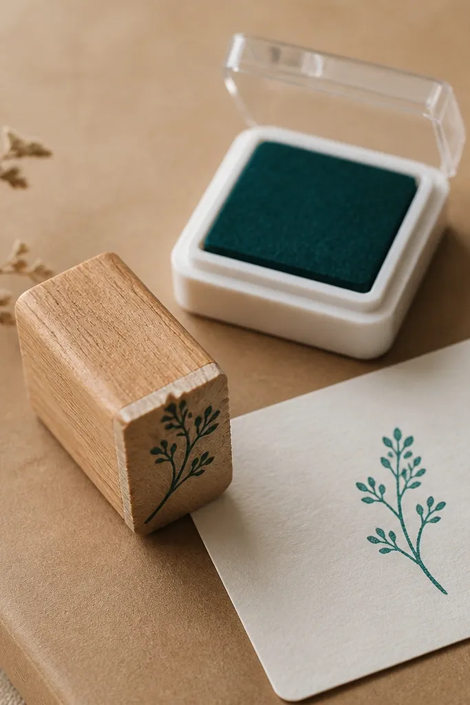A small wooden stamp block with a carved name, paired with a mini ink pad. The ink pad is dark teal, and the block sits on kraft paper with a test stamped card.