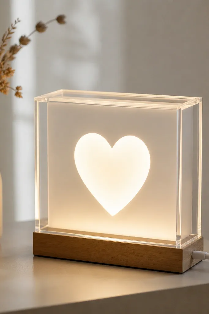 A small tabletop light box made from clear acrylic with a frosted back panel. Inside, a cutout heart shape glows warm white, and the box sits on a wood base with a USB cable.